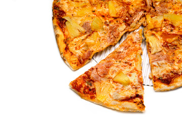 Tasty Hawaiian pizza slice isolated on white background