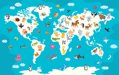 Fototapety  World Map With Cartoon Animals
