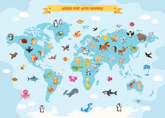 World Map With Cartoon Animals