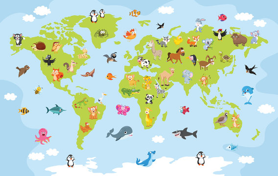 World Map With Cartoon Animals © yusufdemirci