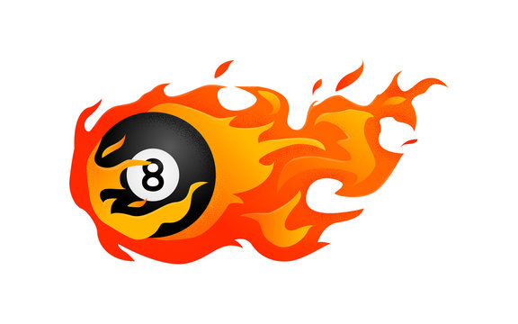 Flying black billiard eight ball in fire 