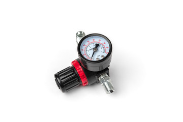 Pressure gauge of air compressor isolated on white background.