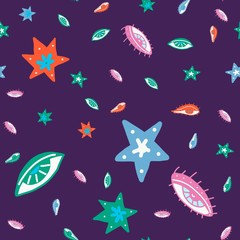 Seamless pattern in medieval sky style with eyes and stars on a white background. vector illustration . suitable for packaging, fabric background for a website or poster. Blue, pink and blue color.