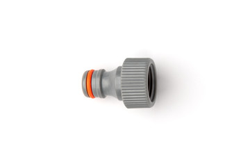 Gray garden water hose connector isolated on white background.