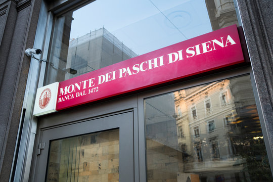 Sign of the Italian bank Monte dei Paschi di Siena over the office entrance in Milan, Italy - July 14, 2017