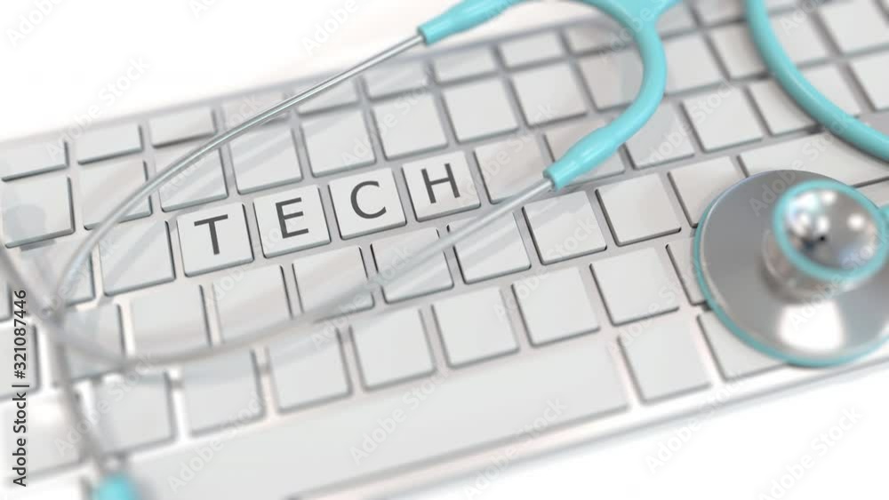 Poster stethoscope on keyboard with tech text. modern medicine related conceptual 3d animation