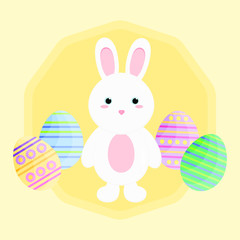 This is flat happy Easter Day background. Cute vector card with rabbit and Easter eggs on yellow background.