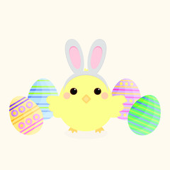 This is flat happy Easter Day background. Cute vector card with chick and Easter eggs on yellow background.