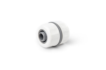 White garden water hose connector isolated on white background.