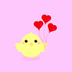 This is cute chicken with balloons, heart. Outline vector chick isolated on pink background. Could be used for flyers, banners, postcards, holidays decorations.