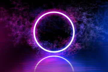 Neon color geometric circle on a dark background. Round mystical portal, luminous line, neon sign. Reflection of blue and pink neon light on the floor. Rays of light in the dark, smoke. Vector. EPS 10 © Vitalik
