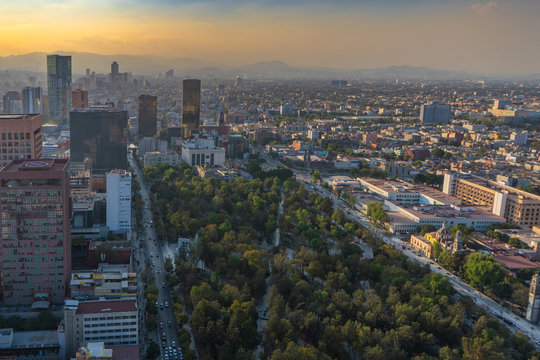 Panorama of Mexico city central part  from skyscraper Latino americano. View with buildings. Travel photo, background, wallpaper. Toned photo.