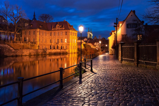 Scenic view of Old town over the Regnitz river at night in Bamberg, Bavaria, Upper Franconia, Germany