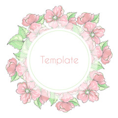 Vector floral frame with delicate blooming flowers. Template for wedding invitations or greeting cards. Tender beautiful wreath.