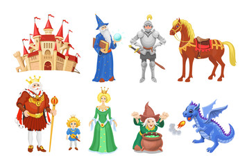 Fantasy fairy tale clipart. Cartoon characters princess, knight, dragon, wizard and king with castle, horse and witch. Medieval icons set