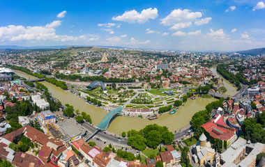 Panoramic view of Tbilisi city from the Narikala Fortress, old town and modern architecture. Tbilisi the capital of Georgia.