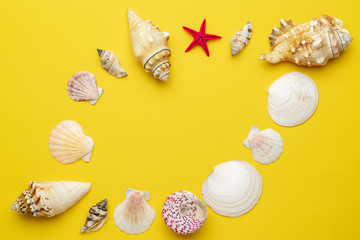 Summer time concept with sea shells and starfish on yellow background, copy space. Flat lay, top view