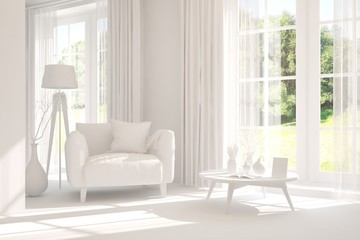 Mock up of stylish room in white color with armchair and green landscape in window. Scandinavian interior design. 3D illustration