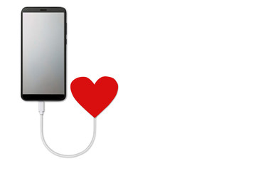 concept of the power of love, on white background  isolated Mobile smart phone with blank screen that is charging from red heart