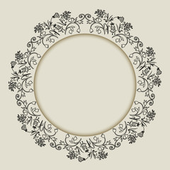 Round vector frame with floral doodle pattern, in retro style in place for text, design element for scrapbooking, postcard, flyers, posters.
