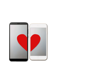 Online dating concept, halves of the heart on the two mobile smartphones screens, isolated on white backbround