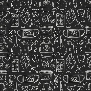Medicine equipment, human organs, pills and blood elements cartoon doodle hand drawn vector seamless  pattern, texture, background, backdrop. Chalk cute design. Isolated on dark background. 