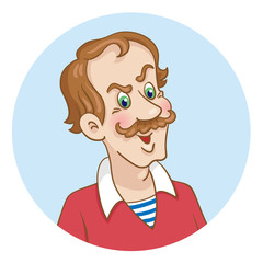 Portrait of an adult brave man with a big mustache - avatar icon in a circle. Isolated on white background. In cartoon style. Vector illustration.