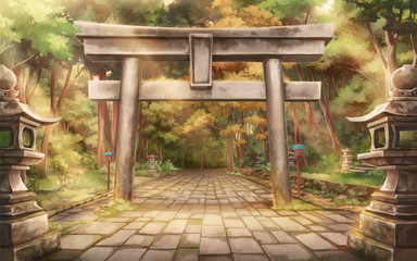 Torii forest - Afternoon , Anime background , Illustration.	 - obrazy, fototapety, plakaty