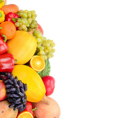 Vegetables and fruits isolated on a white background. Free space for text.