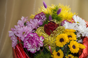 Flowers of different colors  in the bouquet on the background of green curtain. Rose, chrysanthemum, aster, carnation