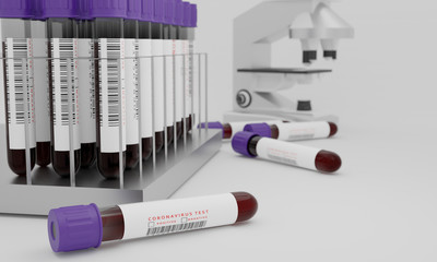 Test tubes with blood and coronavirus test label  isolated on white background. Concept for testing corona virus. 3D Rendering.