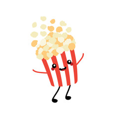 Cute cartoon style popcorn bucket character having fun, jumping, dancing.