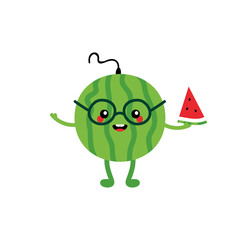Cute cartoon green watermelon character holding in hand watermelon slice. Vector illustration.