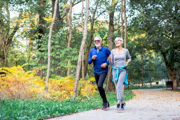 Obraz premium Mature couple man and woman jogging in the park
