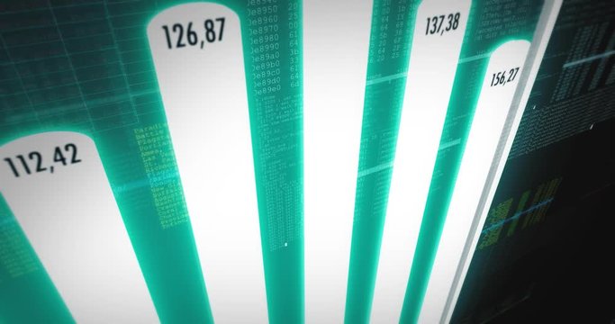 Column chart with ascending curve shows a positive development in the financial sector with figures and binary data in the background - on black