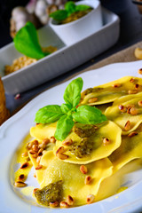 Vegetariano italiano! Tortelli with roasted pine nuts and pesto basilico