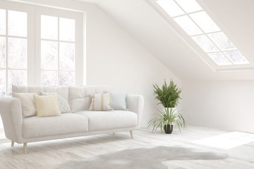 Stylish room in white color with sofa. Scandinavian interior design. 3D illustration