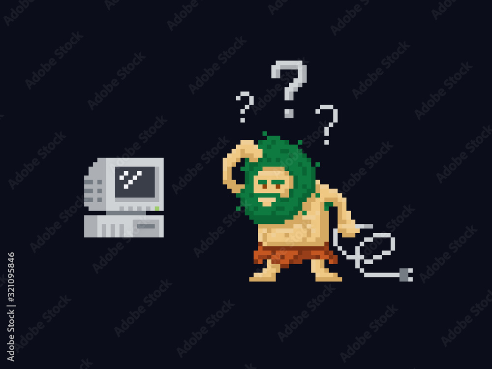 Poster pixel art primitive ancient cave man confused holding a power cord and looking at old vintage comput