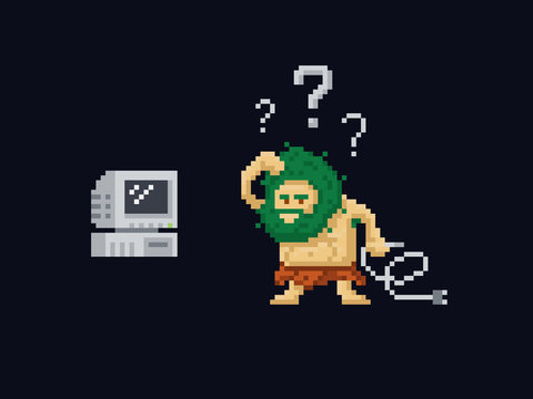 Pixel Art Primitive Ancient Cave Man Confused Holding A Power Cord And Looking At Old Vintage Computer. Vector Illustration Character. Game Asset 8-bit Sprite