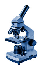 Blue microscope on a white background. microscope toned in trendy Classic Blue color. Science symbol concept.