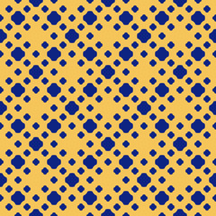 Polka dot seamless pattern. Simple abstract texture with small dots, crosses, floral silhouettes in square grid. Vector geometric background in navy blue and yellow colors. Repeat ornamental design