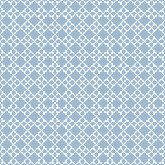 Vector geometric seamless pattern. Abstract background with small diamond shapes, floral figures, square grid, net, repeat tiles. Elegant ornament design in soft blue and white colors. Damask texture