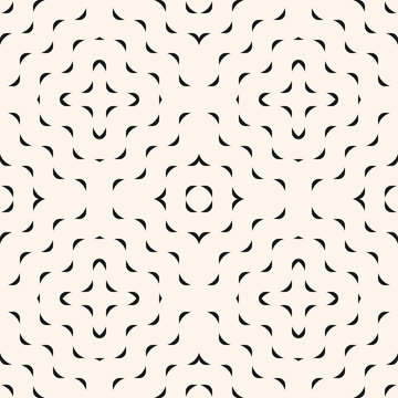 Vector minimalist geometric seamless pattern with small wavy shapes, curved lines. Simple abstract monochrome texture with concentric waves. Black and white background. Stylish modern minimal design