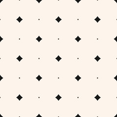 Modèle sans couture minimaliste de vecteur avec de petits losanges, étoiles, carrés, losanges, points. Texture géométrique monochrome abstraite. Fond noir et blanc simple. Conception minimale reproductible