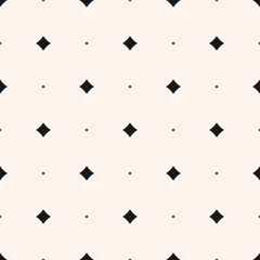 Tapeten Rauten Vector minimalistisches nahtloses Muster mit kleinen Rautenformen, Sternen, Quadraten, Rauten, Punkten. Abstrakte monochrome geometrische Textur. Einfacher Schwarzweiss-Hintergrund. Wiederholbares minimalistisches Design