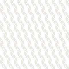 Subtle vector seamless pattern with diagonal ropes, twisted threads, stripes, curved shapes. Delicate abstract white and gray geometric texture. Elegant background. Design for decor, textile, fabric