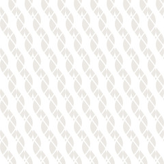Subtle vector seamless pattern with diagonal ropes, twisted threads, stripes, curved shapes. Delicate abstract white and gray geometric texture. Elegant background. Design for decor, textile, fabric