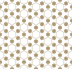 Vector golden geometric seamless pattern. Abstract geometrical ornament texture with thin lines, delicate hexagonal grid, lattice. Elegant white and gold background. Repeat ornamental design for decor