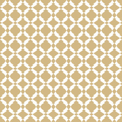 Vector golden ornamental pattern in Arabian style. Abstract geometric seamless texture with diamond shapes, rhombuses, grid, lattice. Elegant gold and white background. Luxury repeat ornament design 