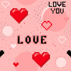 Valentines day seamless pattern in 90's style. Abstract background with pixelated hearts, text Love You, dots, spots. Stylish geometric texture. Love romantic theme. Repeat design for decor, print